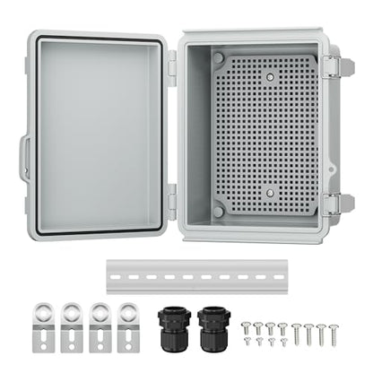 Joinfworld Outdoor Electrical Box Waterproof 8.7x6.7x4.3 | IP67 Waterproof Outdoor Junction Box, Stainless Latch, DIN Rail & 2 NPT1/2 Glands for Solar, Network, Irrigation & DIY - size: 8.7"x6.7"x4.3"