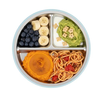 PandaEar 6-in-1 Stainless Steel Baby Feeding Set | Divided Suction Plate, Bowl, Sippy Cup with Straw, Bib, Spoon & Fork | BPA-Free Toddler Feeding Essentials for Self-Feeding (Blue) - color: Blue