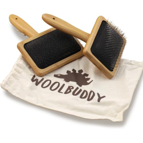 Woolbuddy Large Wool Carder Brush for Felting & Pets, 2PCS 4.75 x 3.25 Inch | Wool Carder Brush Set for Wool Blending, Needle Felting Tool with Stainless Steel Pins & Bamboo Handle, Reusable Cotton Bag