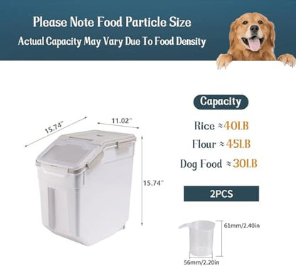 2 Pack 50 lb Airtight Flour Storage Containers with Wheels, Gray | Large Rice Bin with Wheels, Seal Locking Lid, BPA-Free, Includes Measuring Cup & Scoop, Kitchen Organization - color: Gray