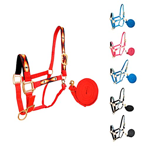 Patterned Nylon Adjustable Horse Halters with Padded Noseband and Matching 10’ Soft Grip Lead Rope with one Year Warranty - color: Red Aztec and Red