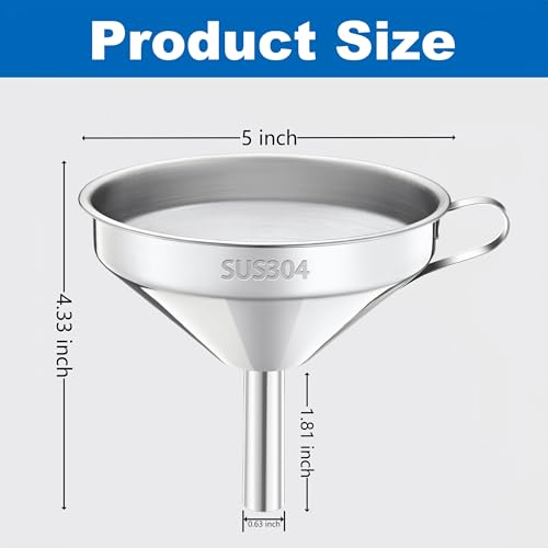 Kitchen Funnel with Strainer and 200 Fine Mesh Filter, 5 Inch Food Grade 18/8 Stainless Steel Fryer Oil Filter Funnel, Funnels for Kitchen use Filling Bottles, Cooking Oil Filter Strainer