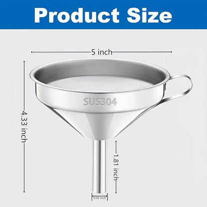 Kitchen Funnel with Strainer and 200 Fine Mesh Filter, 5 Inch Food Grade 18/8 Stainless Steel Fryer Oil Filter Funnel, Funnels for Kitchen use Filling Bottles, Cooking Oil Filter Strainer