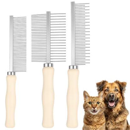 3 Pcs Metal Dog Grooming Comb with Wooden Handle for Grooming Matting | Metal Comb for Dogs Pet Grooming Comb for Dogs and Cats, Prevents Hair Pulling