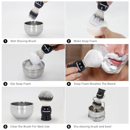 Shaving Brush Kit for Men, 4 in 1 Shaving Brushes Set Includes Nylon Bristle Shave Brush, Shaving Bowl & Stand and Shaving Soap Kit for Men’s Shave Gift - color: Black-B