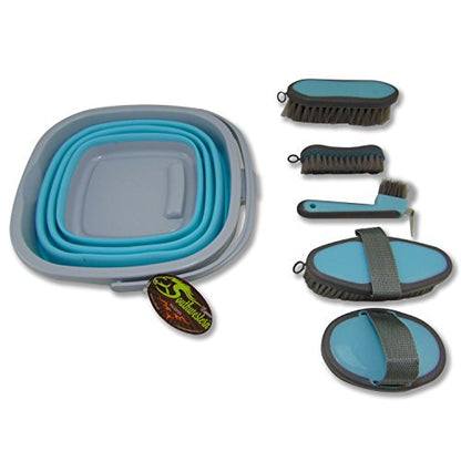Collapsible Grooming Kit 10 Liter Bucket and 5 Grooming Tools - By Southwestern Equine - Turquoise - color: Turquoise