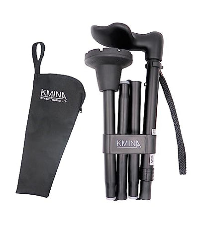 KMINA Folding Walking Cane for Women and Men, Palm Grip, Left Hand, Black - style: Left
