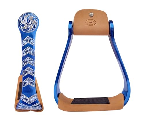 Horse Western 5" Wide Barrel Racer Engraved Aluminum Show Stirrups 51244 - color: Blue