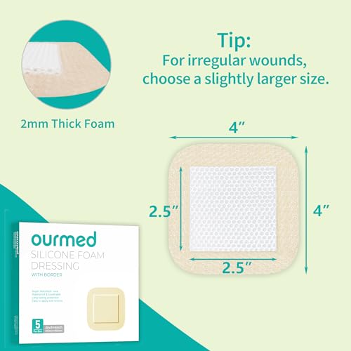 Ourmed Silicone Foam Dressing with Border Adhesive - Large Absorbent Waterproof Bandage for Wound Care, Foot Diabetic Ulcer, Leg Ulcer, 4" x 4", 10 Pack - size: 4"x 4" (10 Packs)