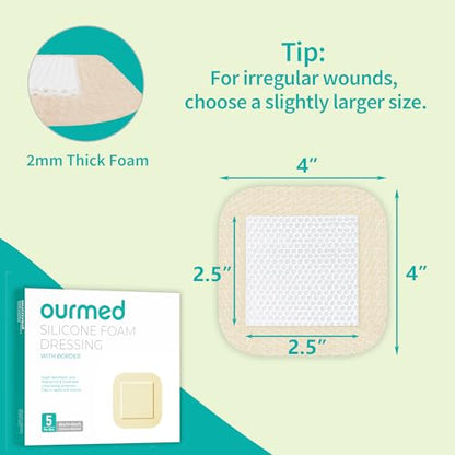 Ourmed Silicone Foam Dressing with Border Adhesive - Large Absorbent Waterproof Bandage for Wound Care, Foot Diabetic Ulcer, Leg Ulcer, 4" x 4", 10 Pack - size: 4"x 4" (10 Packs)