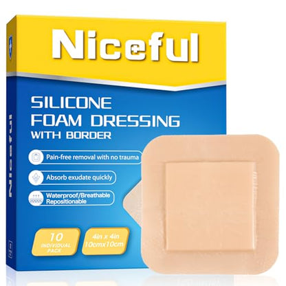 Niceful Silicone Foam Dressing 4"x4" 10 PCS Waterproof Bandages for Wound | Self-Adhesive Bordered Silicone Foam, 5-Layer Exudate Lock, Waterproof Painless Peel, Pressure Sores & Surgery, Sealed - size: 4"x4"(10 PCS)
