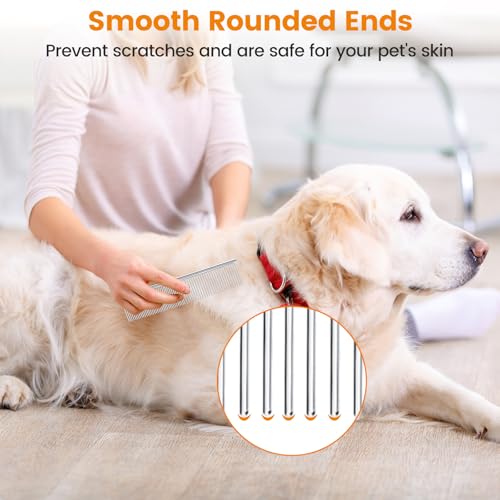 PETTOM 2Pcs Stainless Steel Dog Comb, Round Tooth Cat Comb with 2 Tooth Widths, Metal Combs for Removing Knots and Tangles, Grooming Tool for Long and Short Hair Pets, 7.5 IN Silver - style: Comb C