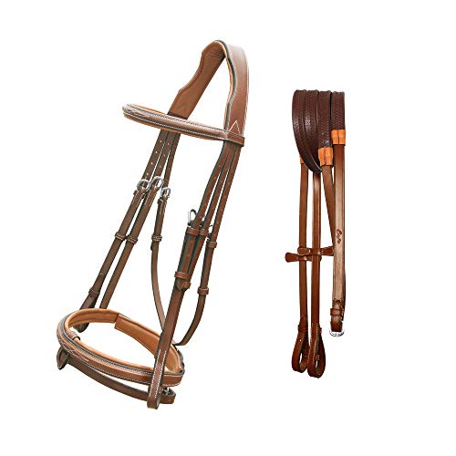 Anatomical Snaffle Jumping Bridle for Horses with Removable Flash Noseband & Rubber Reins – Premium Vegetable-Tanned Leather, SS Buckles, Padded MonoCrown, Designer Stitching - color: Conker/ Tan Brown, size: Full/Horse Size