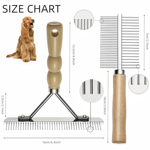 Undercoat Rake for Dogs, 2 Pack Double Coat Brush Set Long Tooth Undercoat Brush & Flea Comb, Long Hair Dog Combs for Grooming Shedding German Shepherd Horse Great Pyrenees