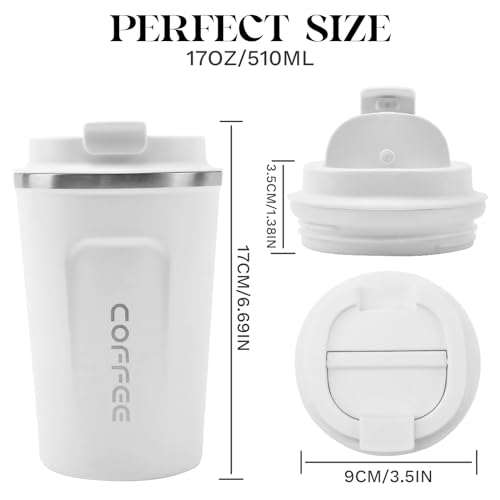 Insulated Travel Coffee Mug, Stainless Steel Coffee Cup with Leakproof Lid - color: 2nd-White, size: 17 Ounces