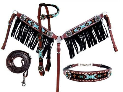 Showman 4 Piece Beaded Navajo Design Headstall & Breast Collar Set w/Fringe