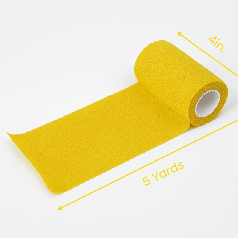 4" Cohesive Flexible Bandage Wrap – Yellow - Pack of 4 | Self-Adherent Vet Tape for Animal Wound Care, Wrapping, and Support – Non-Slip, Breathable, Flexible Bandage for Livestock - color: Yellow