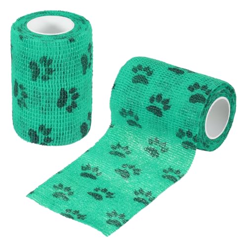 Pet Wrap Bandages, 3 Inch 5 Yard Self Adhesive Bandage Wrap, Pet Non-Woven Tape First Aid Cohesive Gauze, (Green/Paw, 2 Pcs), Intended for Dog/Cat/Bird/Legs/Paws/Wound - color: Green, size: 3 inch