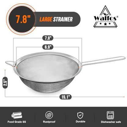 Walfos 7.8 Inch Fine Mesh Strainer, Premium Stainless Steel Colanders and Sifters, with Reinforced Frame and Sturdy Handle, Perfect for Sift, Strain, Drain and Rinse Vegetables, Pastas and Tea - style: 7.8" Large Strainer