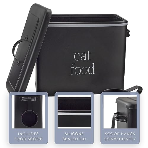 AuldHome Design Farmhouse Cat Food Container (Black) Enamel Look Rustic Cat Food Bin with Scoop
