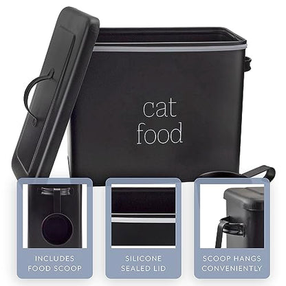 AuldHome Design Farmhouse Cat Food Container (Black) Enamel Look Rustic Cat Food Bin with Scoop