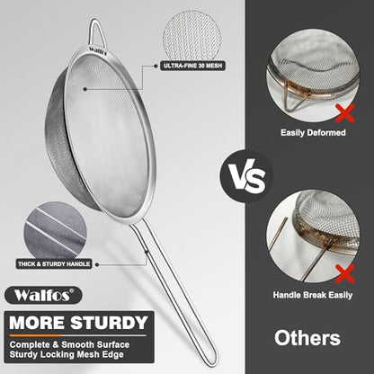 Walfos Fine Mesh Strainer 4PCS, Versatile Kitchen Strainer with Handle - 7", 4.6", 3.15", 2.7" Sieve Fine Mesh Stainless Steel, Metal Strainers and Sifters for Rice, Quinoa, Tea, Cocktail, Juice - size: 7", 4.6", 3.15", 2.7" (4pcs)