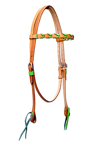 CHALLENGER Horse Western Lime Green Laced Tan Leather Browband Headstall Show Bridle 78AD28LG