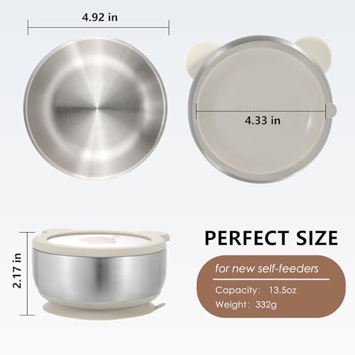 MR. CHOU Baby Bowls with Non-Slip Silicone Suction Cup, Insulated Double-Layer 18/8 Stainless Steel Toddler Bowls with BPA Free Airtight Lids, Food-Grade Silicone Safe for Kids (Beige) - color: Beige