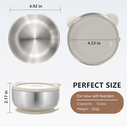 MR. CHOU Baby Bowls with Non-Slip Silicone Suction Cup, Insulated Double-Layer 18/8 Stainless Steel Toddler Bowls with BPA Free Airtight Lids, Food-Grade Silicone Safe for Kids (Beige) - color: Beige