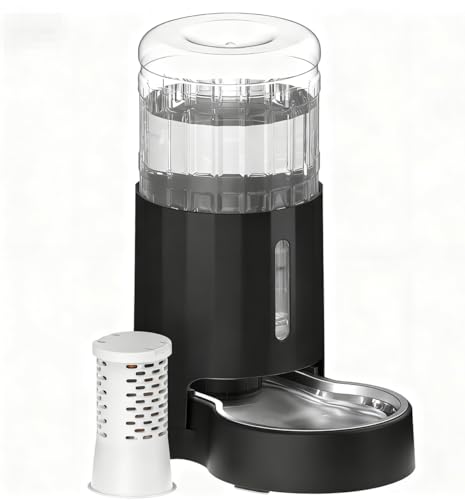 CZPET Automatic 4L Filter Dog and Cat Water Dispenser with Stainless Steel Bowl Gravity Waterer,Large Capacity and Drinking Area Noise-Free for Pets (Black) - color: Black+Filter, size: 4L