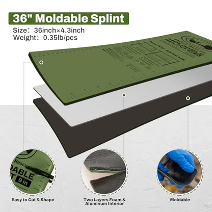 RHINO RESCUE First Aid Moldable Splint 36" X 4.3" Green-Gray (1, Folded) | Lightweight Aluminum Splint Emergency Supplies Keep Bones in Position for Hiking, Sports, Vehicle, Military, HSA/FSA Approved - color: Green