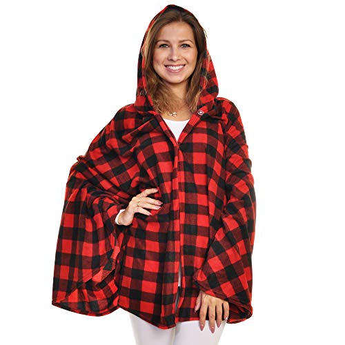 Angelina Women's Cozy Fleece Wearable Blanket or Blanket with Slipper Set - color: Black and Red Plaid Wearable Blanket, size: One Size Fits Most