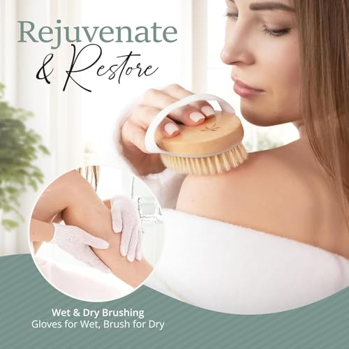 Belula 100% Boar Bristle Dry Brushing Body Brush Set, Face Brush, Gloves