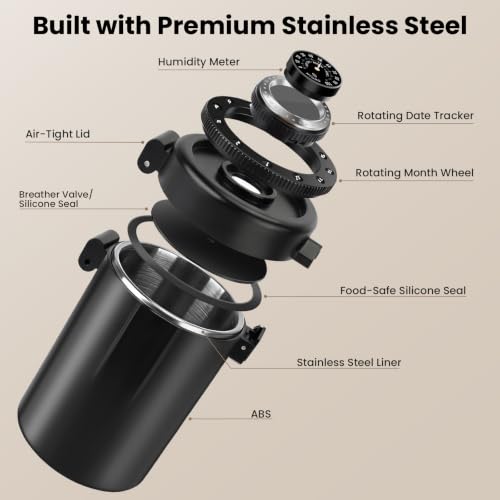 Coffee Canister with Humidity Meter, Airtight Stainless Steel Food Storage Container with Lids,Date Tracker,Venting Valve and Magnetic Scoop for Grounds Coffee,Beans,Tea,Flour,Cereal,Jars,16OZ,Black