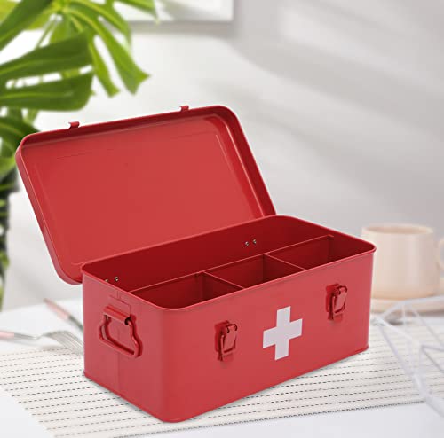 First Aid Medicine Box, First Aid Kit Supplies Bin, Metal Medicine Storage Tin, First Aid Empty Box with Safety Lock for Home Emergency Tool Set-Red - color: Red