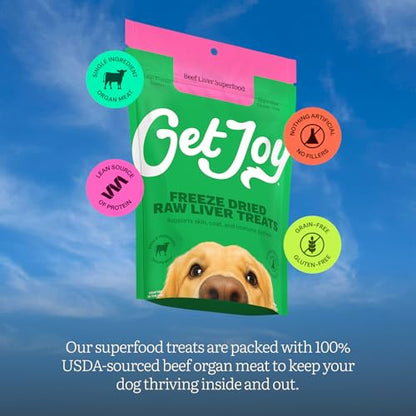 Get Joy Freeze Dried 100% Beef Liver Dog Treats, 16oz | Single Ingredient Organ Meat, High Protein Raw Dog Food Topper, Snack & Training Rewards | Grain Free, Gluten Free, Filler Free - size: 1 Pound (Pack of 1)