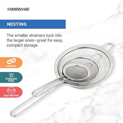 Farberware Stainless Steel Mesh Strainer Set of 3 - Fine Mesh Strainers for Kitchen, Small Medium Large Sizes for Draining Pasta, Rinsing Produce, Sifting, and Straining