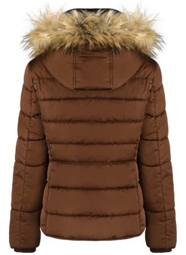 BodiLove Women's Fur Hooded Thickened Jacket with Fleece Lining - color: Light Brown W/ Silver Zipper, size: Medium