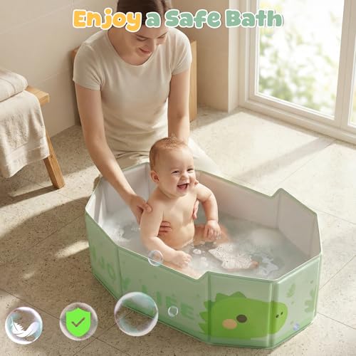 Orzbow Portable Toddler Bathtub with Temperature Sticker & Side Drain Plug | Collapsible Baby Bath Tub for Infant Kids 6 Months+ Travel, Easy to Clean, Stable & Durable, Fold to Space-Saving, Green