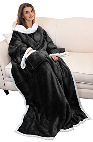 Catalonia Sherpa Wearable Blanket with Sleeves and Pocket for Adults - color: Black, size: Standard Pocket