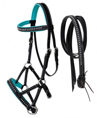 CHALLENGER Horse Western English Brown Leather Bitless Sidepull Padded Bridle Reins Teal 7708BRT