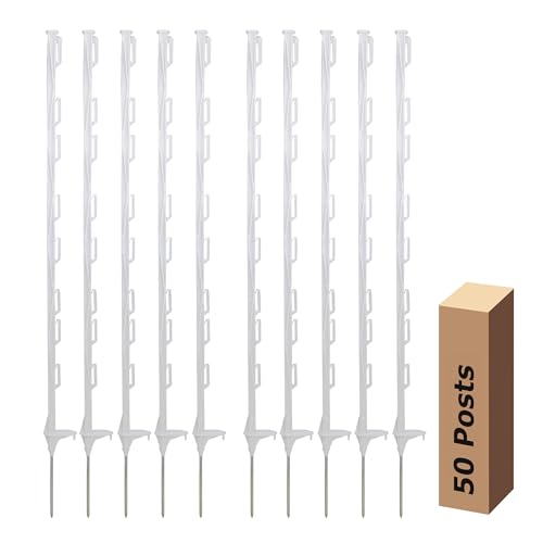50 Pack Electric Fence Posts, 48 Inch Plastic Step in Fence Post, Temporary Fence Posts for Farm Protection and Livestock, White - color: White, size: 50Pack