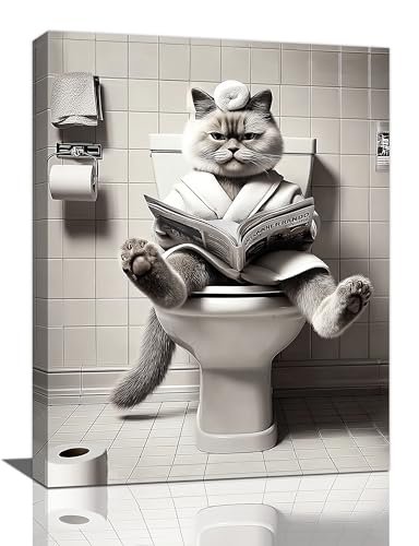 Funny Cat Bathroom Wall Decor Black and White Kitten in Toilet Canvas Wall Art Kitten Picture Print Bathroom Animal Artwork Decorations for Cat Lover Restroom Framed Gifts 12"X16" - color: Bathroom Cat, size: 16"L x 12"W