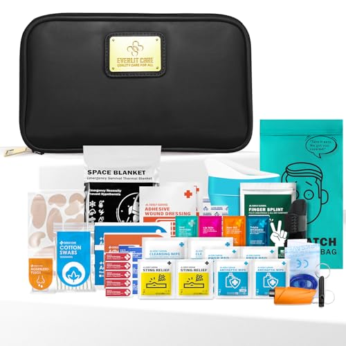 EVERLIT CARE Car First Aid Kit with Emergency Supplies Survival Gear Including Window Breaker Disposable Urine Bag Mountable Survival Kit for Family Travel in Car (Black) - color: Black
