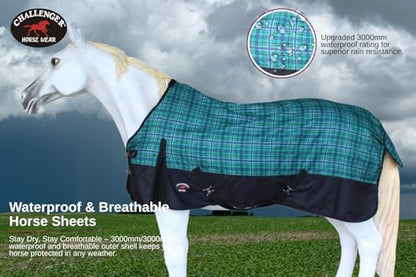Challenger 1200D Turnout Waterproof Rain Light-Weight Sheet Plaid Horse Blanket 3EE09G - color: Turquoise Purple Plaid, size: 68 inches