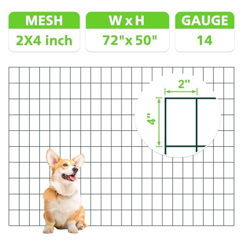 Green PVC Coated Welded Wire Fencing,2"x4" 14 Gauge,72inch H x 50ft L Garden Wire Fence Roll,2/3/4/5/6ft Tall x 50/100 ft Long Hardware Cloth Metal Mesh for Yard,Farm,Chicken,Dog,Vegetable Protection - color: Green, size: 2"x4" 72inx50ft