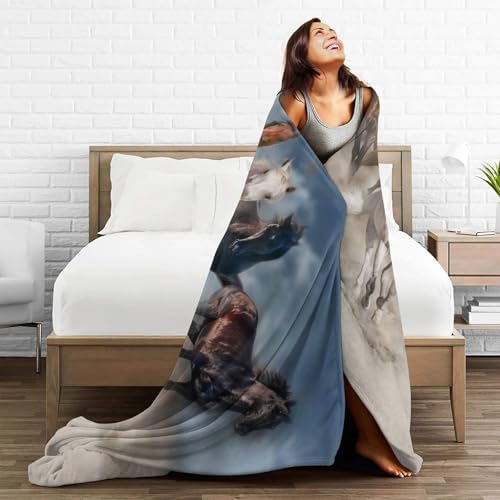 Horse Throw Blanket Gift, Soft Warm Fuzzy Plush Blanket, Smooth Cozy Flannel Blanket for Bed/Couch/Camping (80"x60", Five Horse) - size: 80"x60"