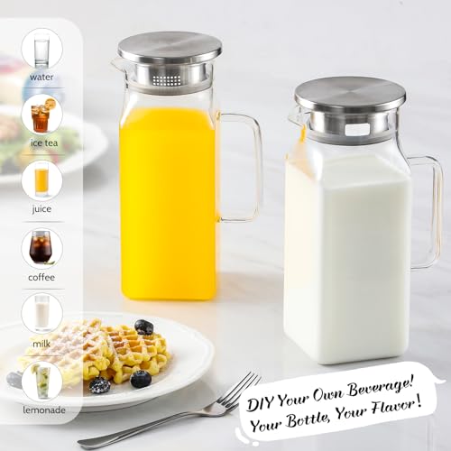 Netany 2 Pack 1.2 Liters/40 oz Small Square Glass Pitcher with Lid and Handle for Fridge, Iced Tea and Coffee Carafe Storage Container, Resistant to Hot and Cold Borosilicate Jug - size: 40 oz Clear