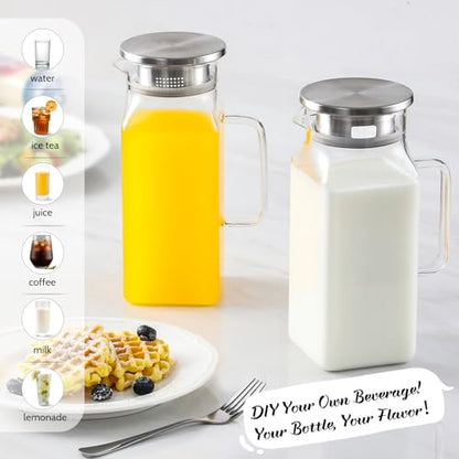 Netany 2 Pack 1.2 Liters/40 oz Small Square Glass Pitcher with Lid and Handle for Fridge, Iced Tea and Coffee Carafe Storage Container, Resistant to Hot and Cold Borosilicate Jug - size: 40 oz Clear