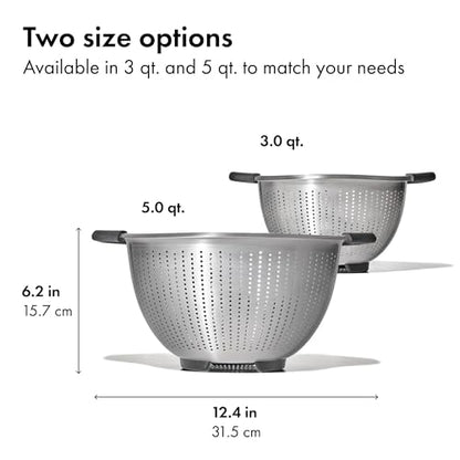 OXO Good Grips Strainer - 5 Qt Capacity, Stainless Steel | Colander, Nesting Design For Easy Storage, Non-Slip Handles, Drains Pasta And Vegetables, Dishwasher Safe - size: 5 Qt